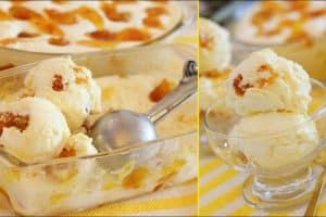 Sorvete de abacaxi super cremoso com pedacinhos da fruta que é uma delícia